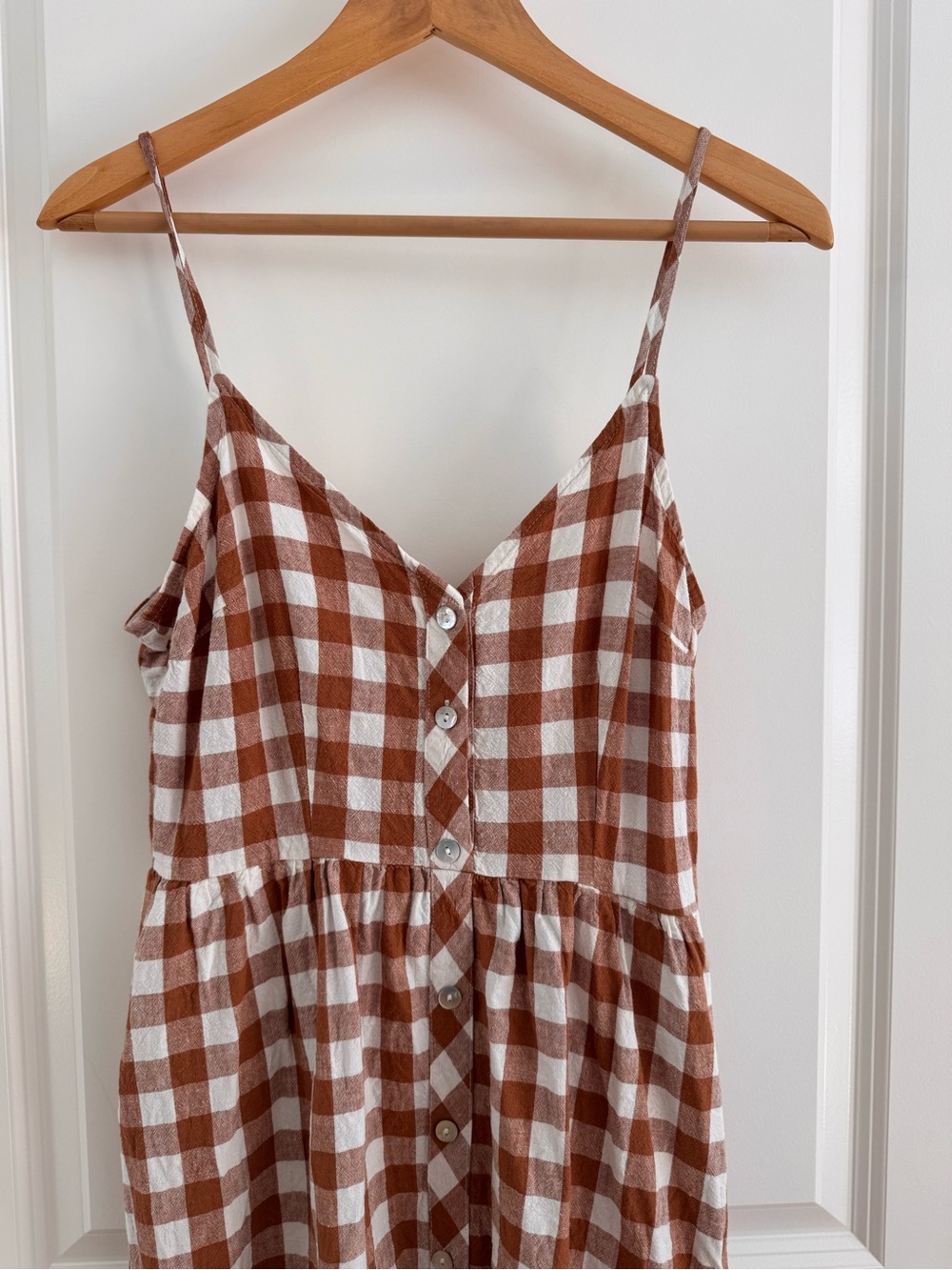 Brown/Rust & White Gingham Midi Dress Cottagcore linen Picnic summer - Picture 3 of 12
